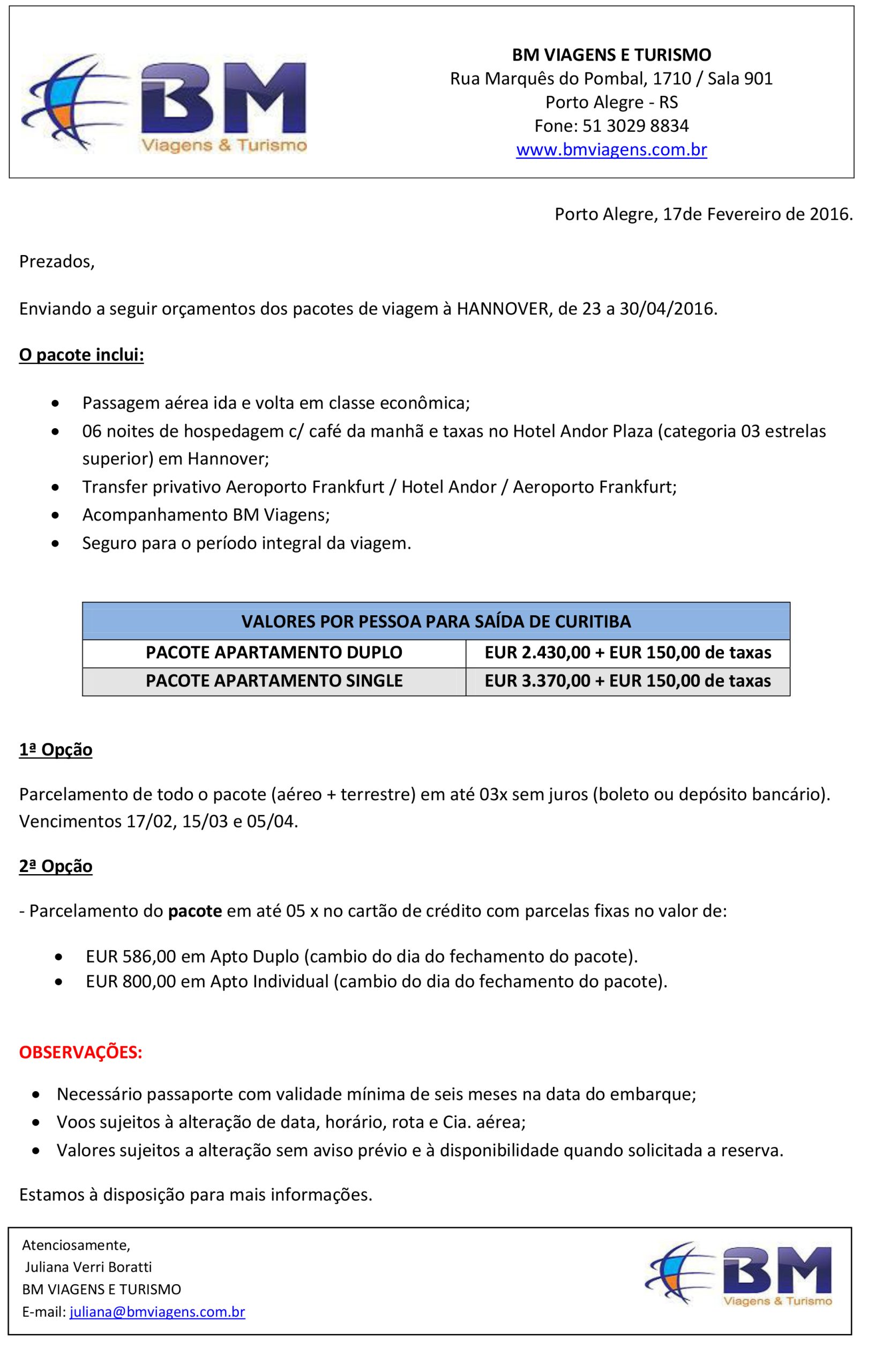 ORCAMENTO Hannover 2016 - Embarque Curitiba